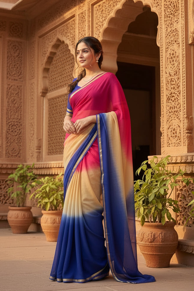 Georgette Printed Saree With Unstitched Blouse(Multicolor)