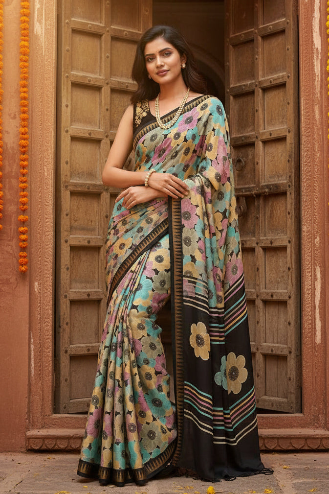 Soft Silk Digital Print Saree With Unstitched Blouse(Black)