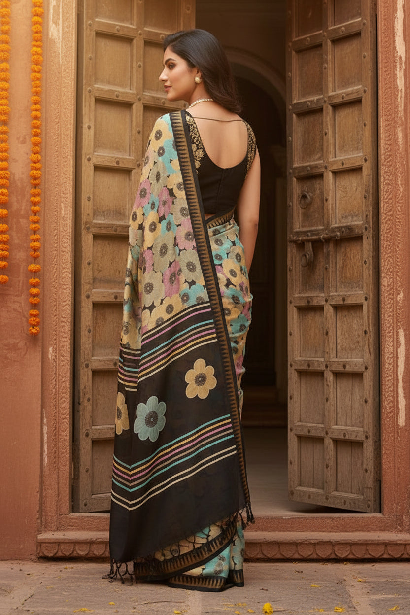Soft Silk Digital Print Saree With Unstitched Blouse(Black)