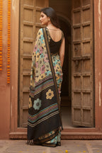 Soft Silk Digital Print Saree With Unstitched Blouse(Black)