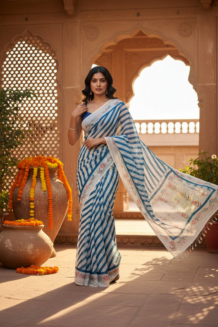 Linen Printed Saree With Unstitched Blouse(Blue)