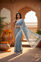 Linen Printed Saree With Unstitched Blouse(Blue)