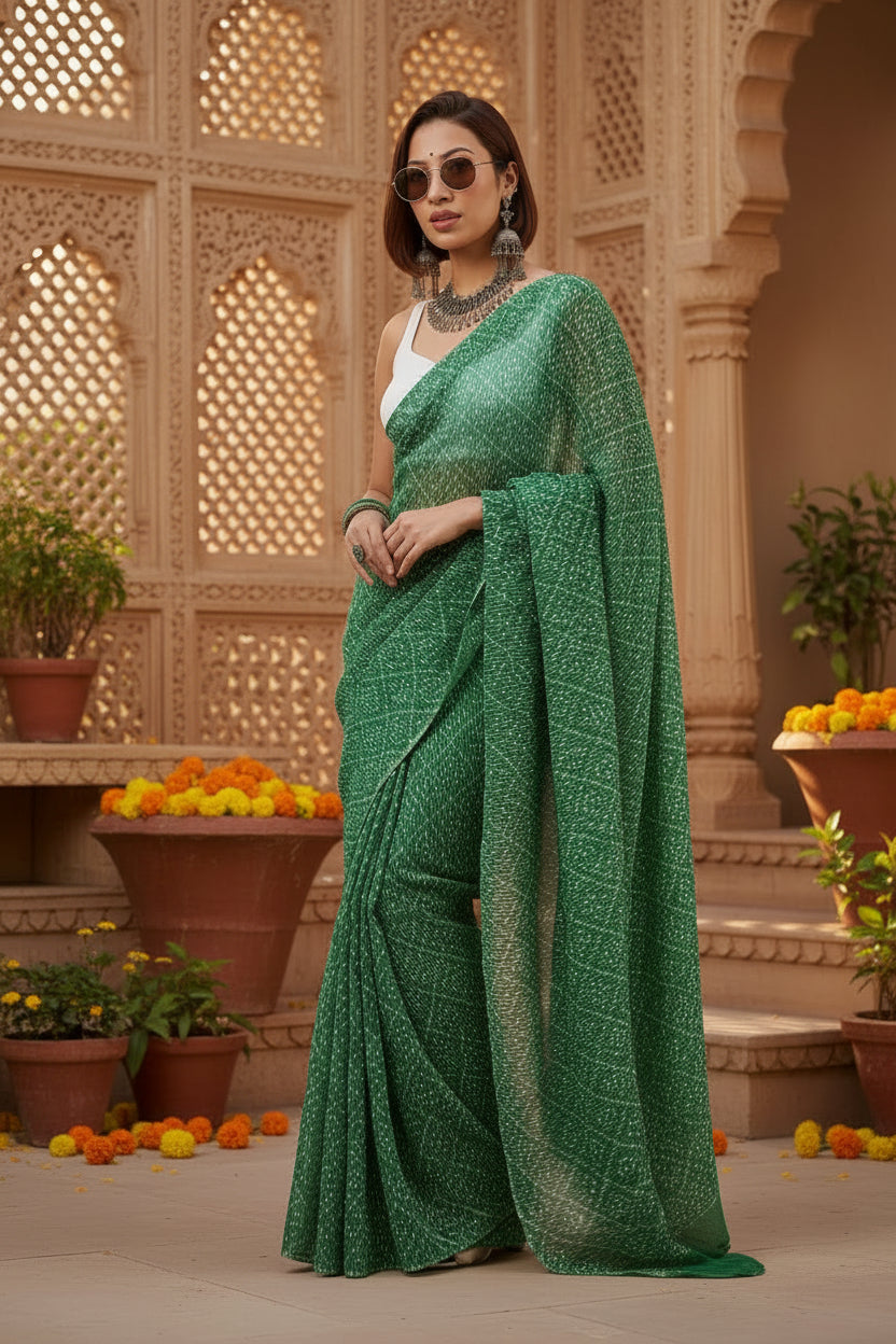 Crush Silk Bandhani Bhej Printed saree With Unstitched Blouse(Green)