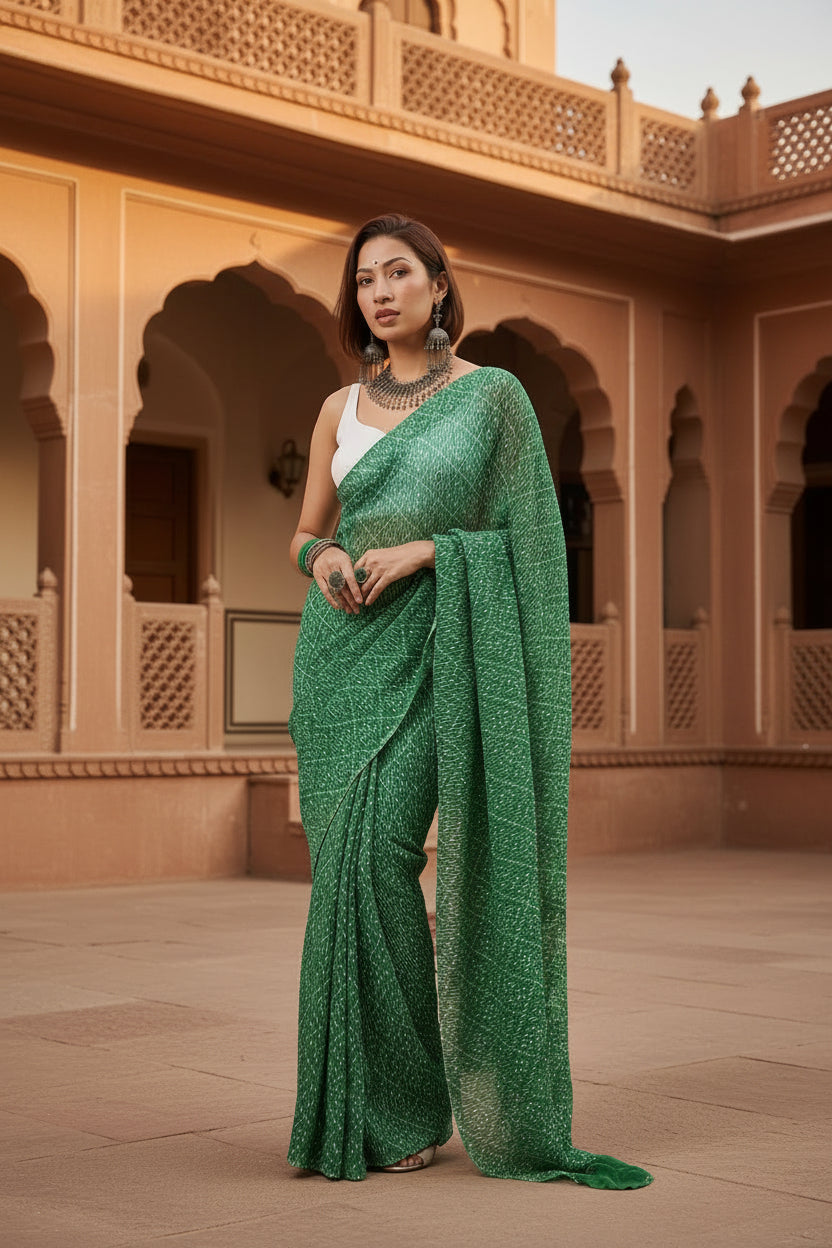Crush Silk Bandhani Bhej Printed saree With Unstitched Blouse(Green)