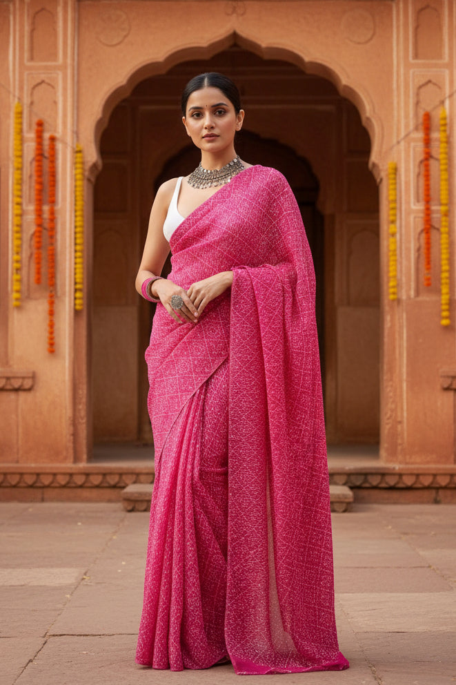 Crush Silk Bandhani Bhej Printed saree With Unstitched Blouse(Pink)
