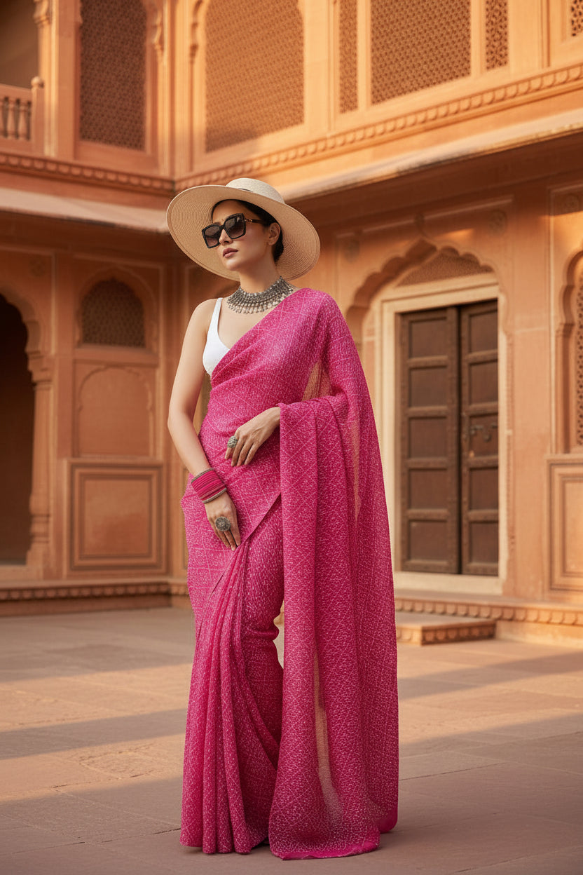 Crush silk bandhani bhej printed saree with unstitched blouse(pink)