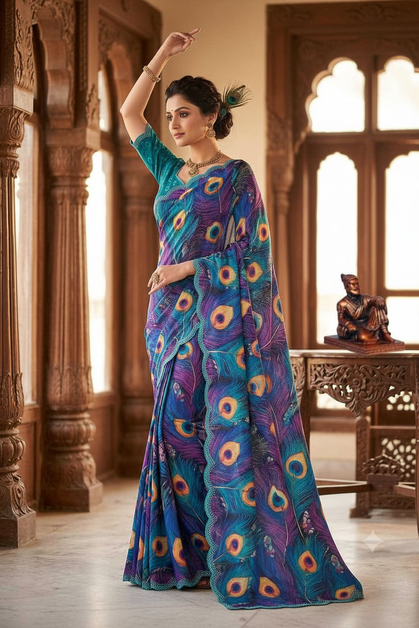 Georgette Digital Print Saree With Unstitched Blouse(Blue)
