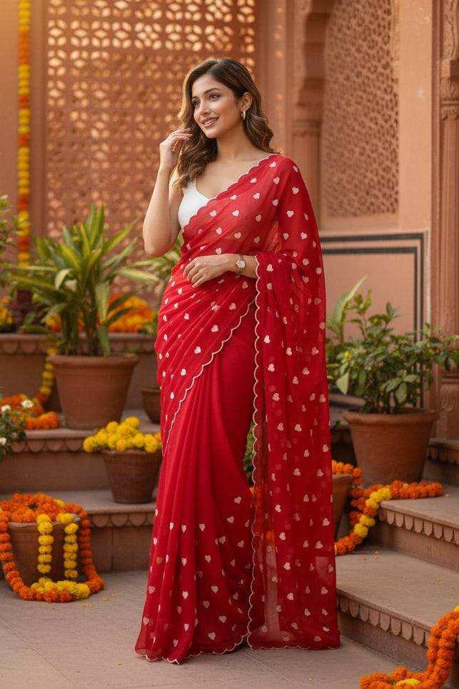 Georgette Heart Printed Saree With Unstitched Blouse(Red)