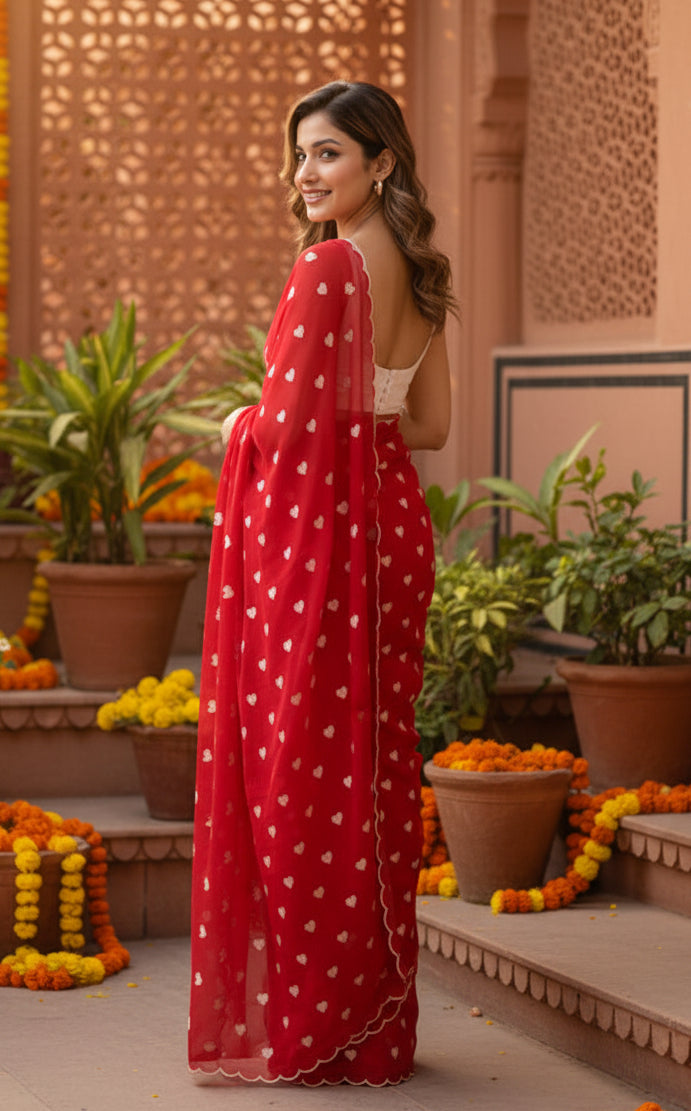 Georgette Heart Printed Saree With Unstitched Blouse(Red)