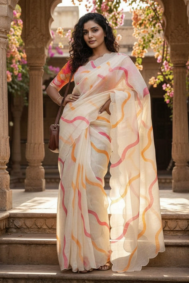 Linen Digital Printed Saree With Unstitched Blouse(White)