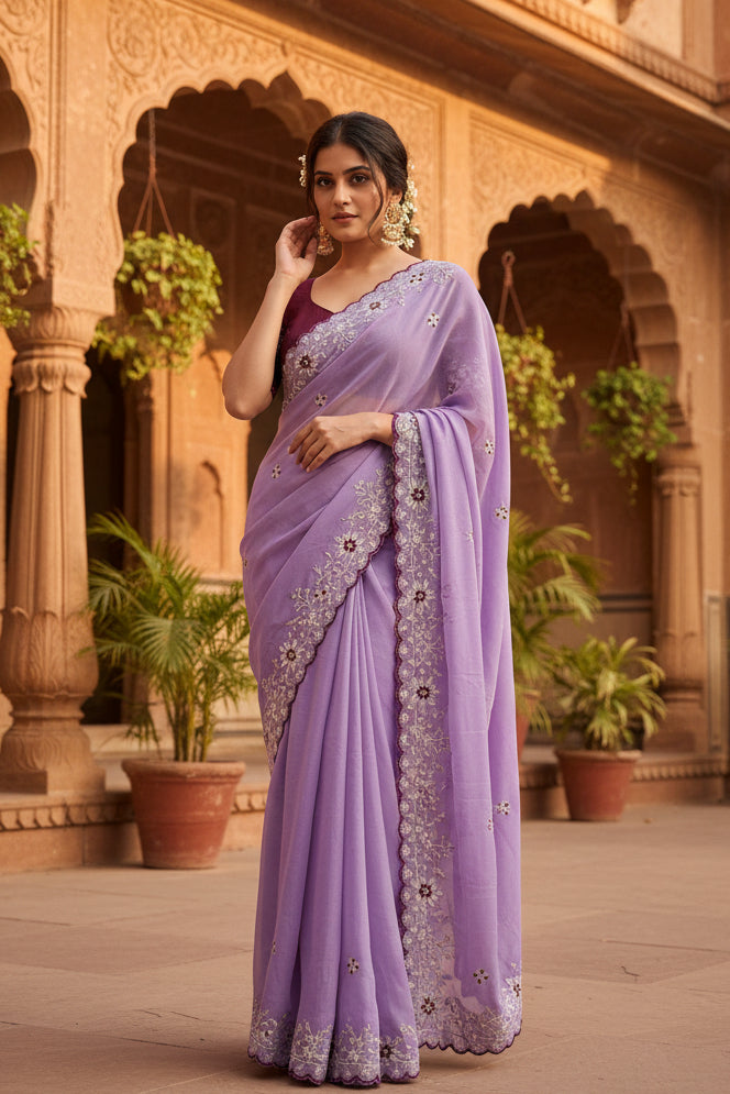 Premium Georgette Saree With Unstitched Blouse(Lavender)