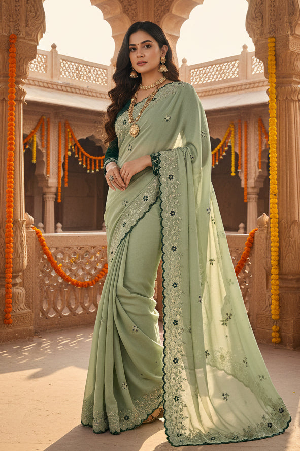 Premium Georgette Saree With Unstitched Blouse(Green)