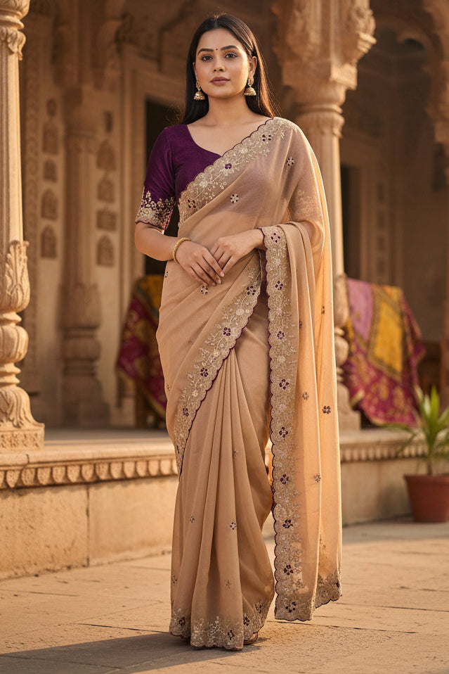 Premium Georgette Saree With Unstitched Blouse(Beige)
