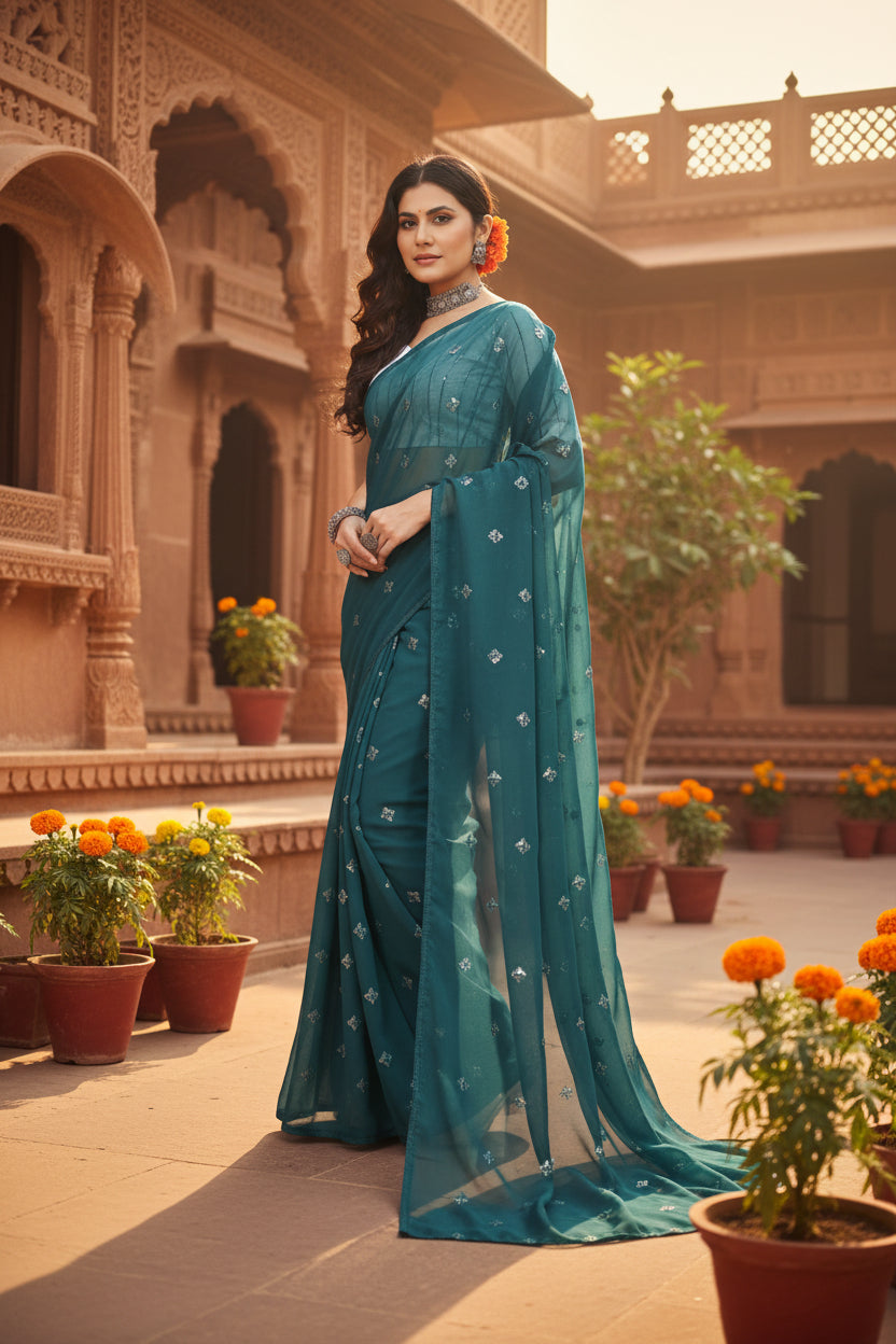 Sequence Georgette Saree With Unstitched Blouse(Green)