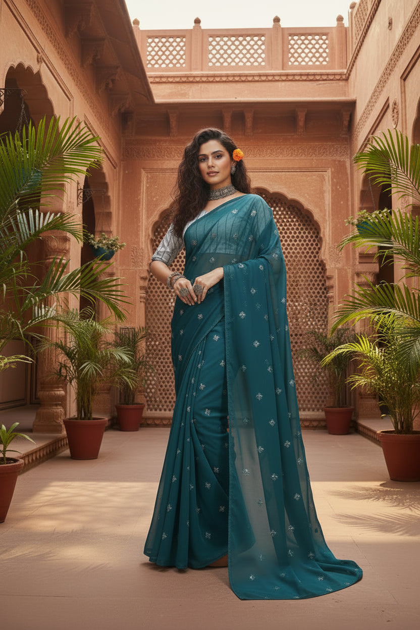 Sequence Georgette Saree With Unstitched Blouse(Green)