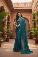 Load image into Gallery viewer, Sequence Georgette Saree With Unstitched Blouse(Green)
