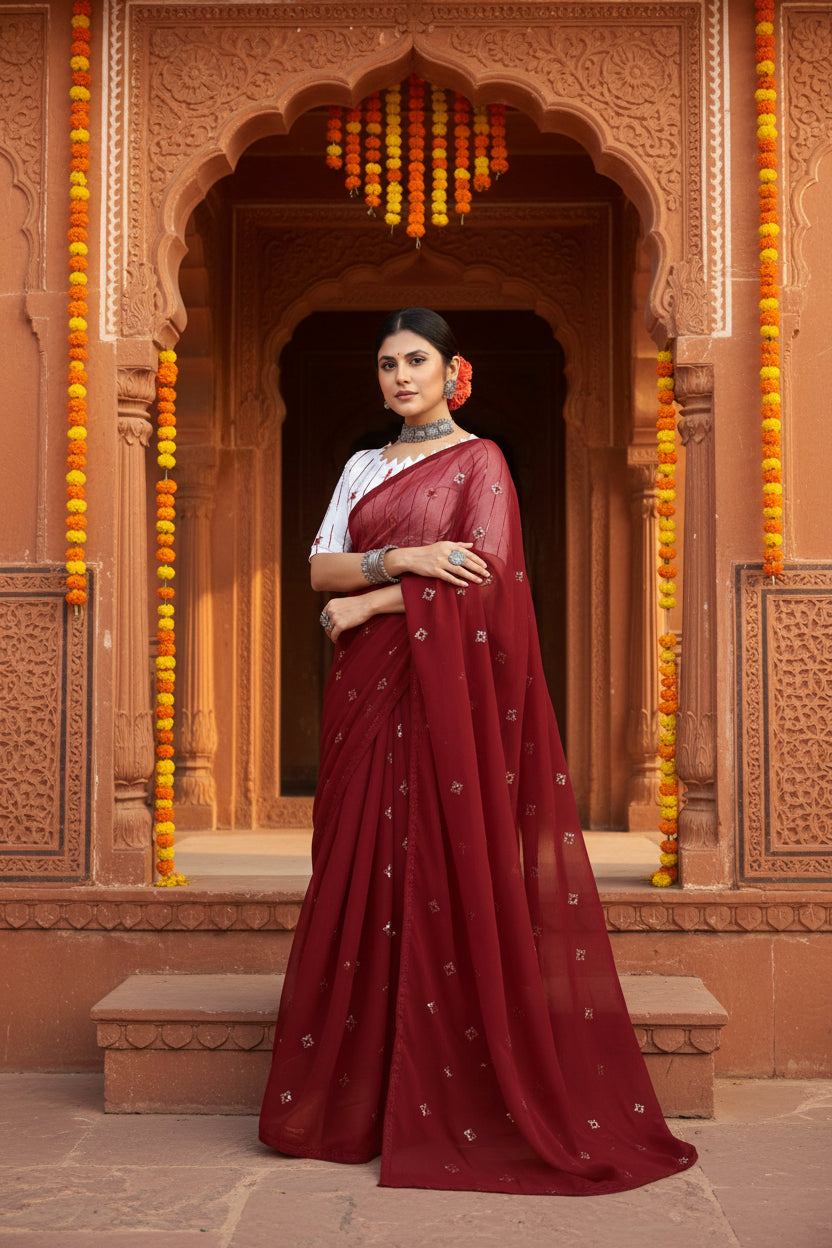 Sequence Georgette Saree With Unstitched Blouse(Wine)