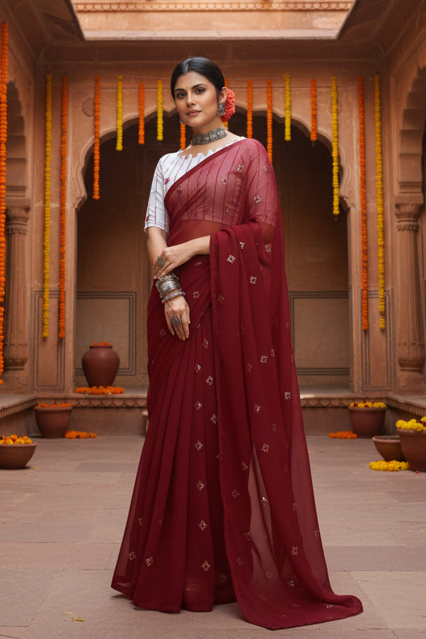 Sequence Georgette Saree With Unstitched Blouse(Wine)