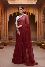 Load image into Gallery viewer, Sequence Georgette Saree With Unstitched Blouse(Wine)
