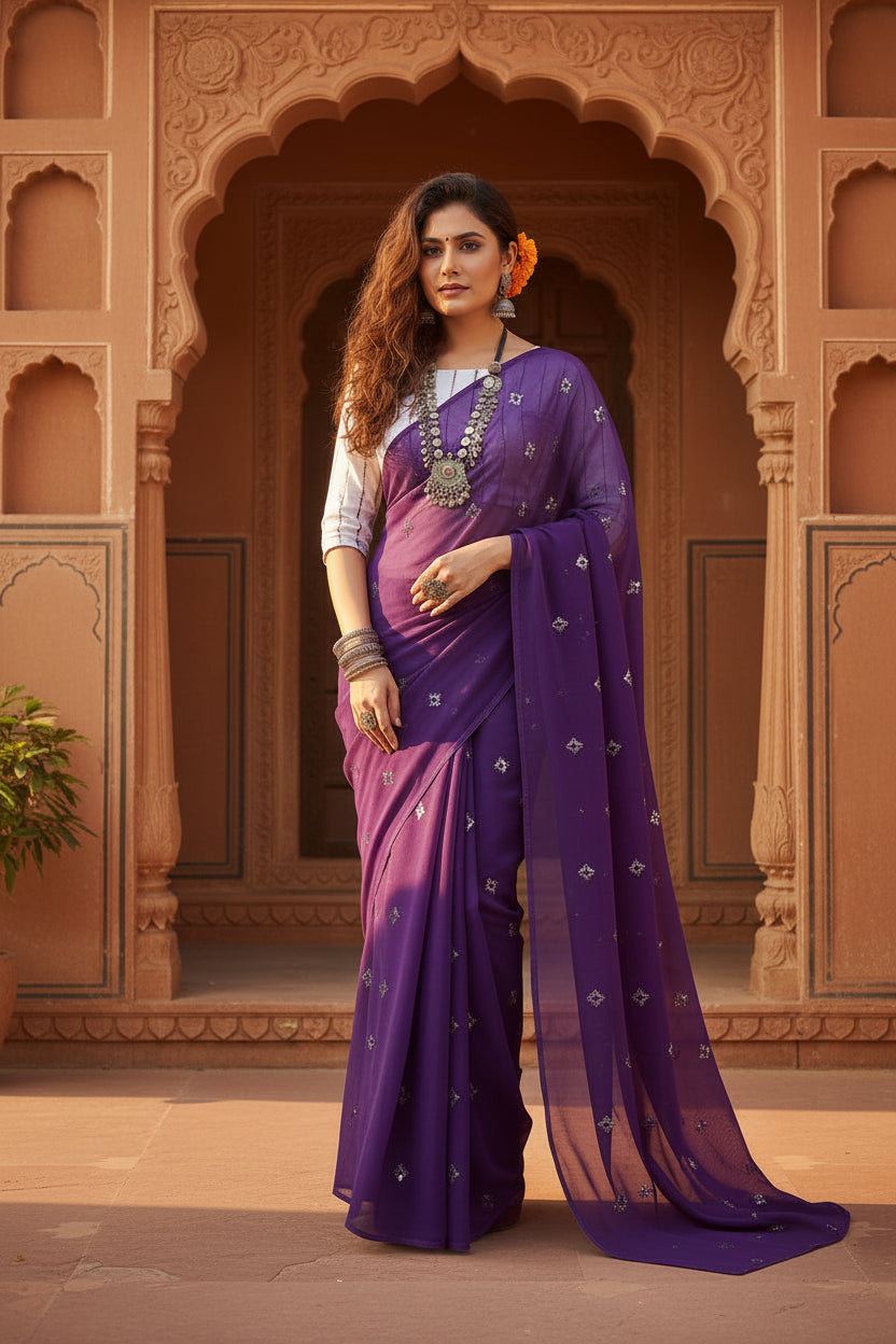 Sequence georgette saree with unstitched blouse(lavender)