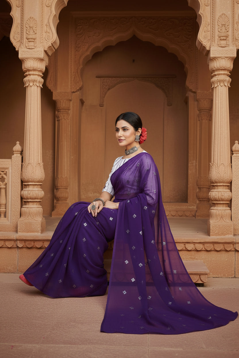 Sequence Georgette Saree With Unstitched Blouse(Lavender)