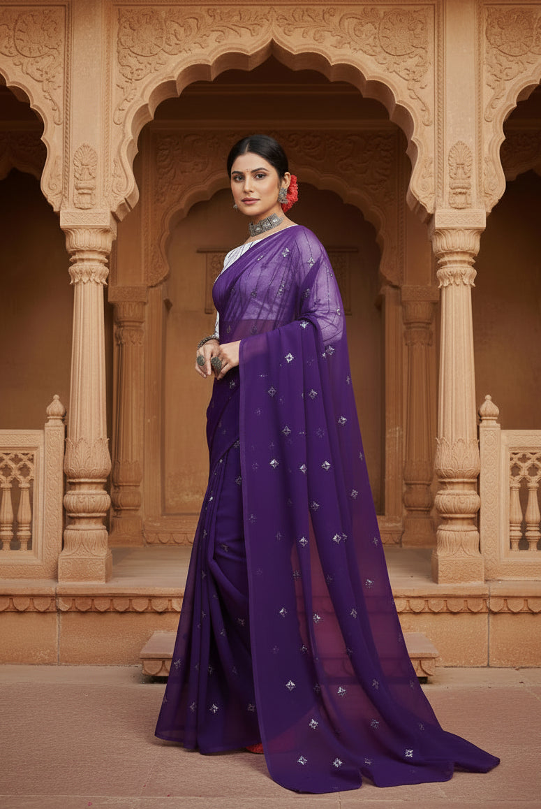 Sequence Georgette Saree With Unstitched Blouse(Lavender)