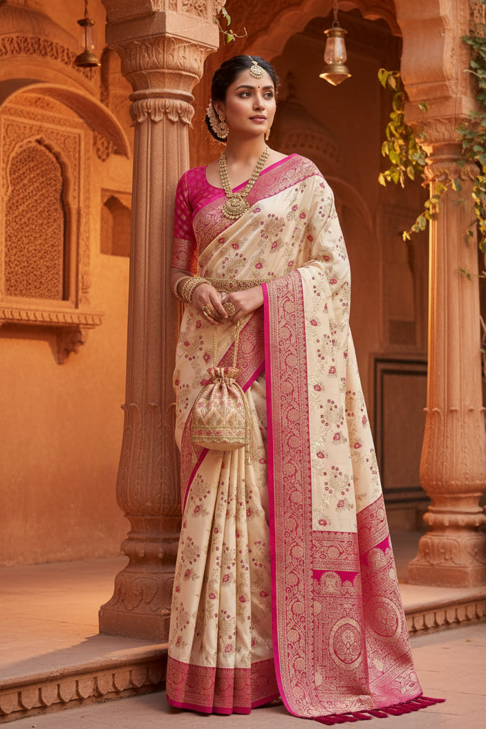 Soft Silk Banarasi Saree With Unstitched Blouse(White)