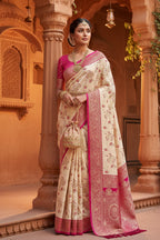 Soft Silk Banarasi Saree With Unstitched Blouse(White)