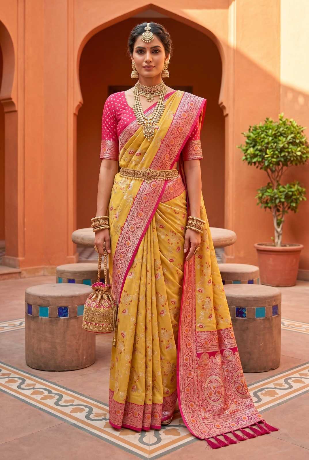 Soft Banarasi Silk Saree With Unstitched Blouse(Mustard)