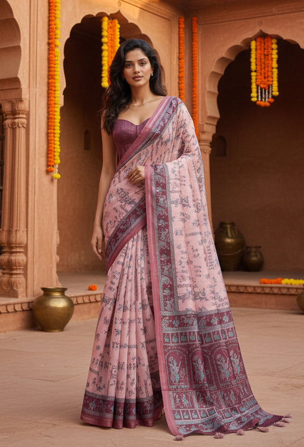 Silk Blend Jacquard Weaving Zari Border Saree With Unstitched Blouse(Wine)