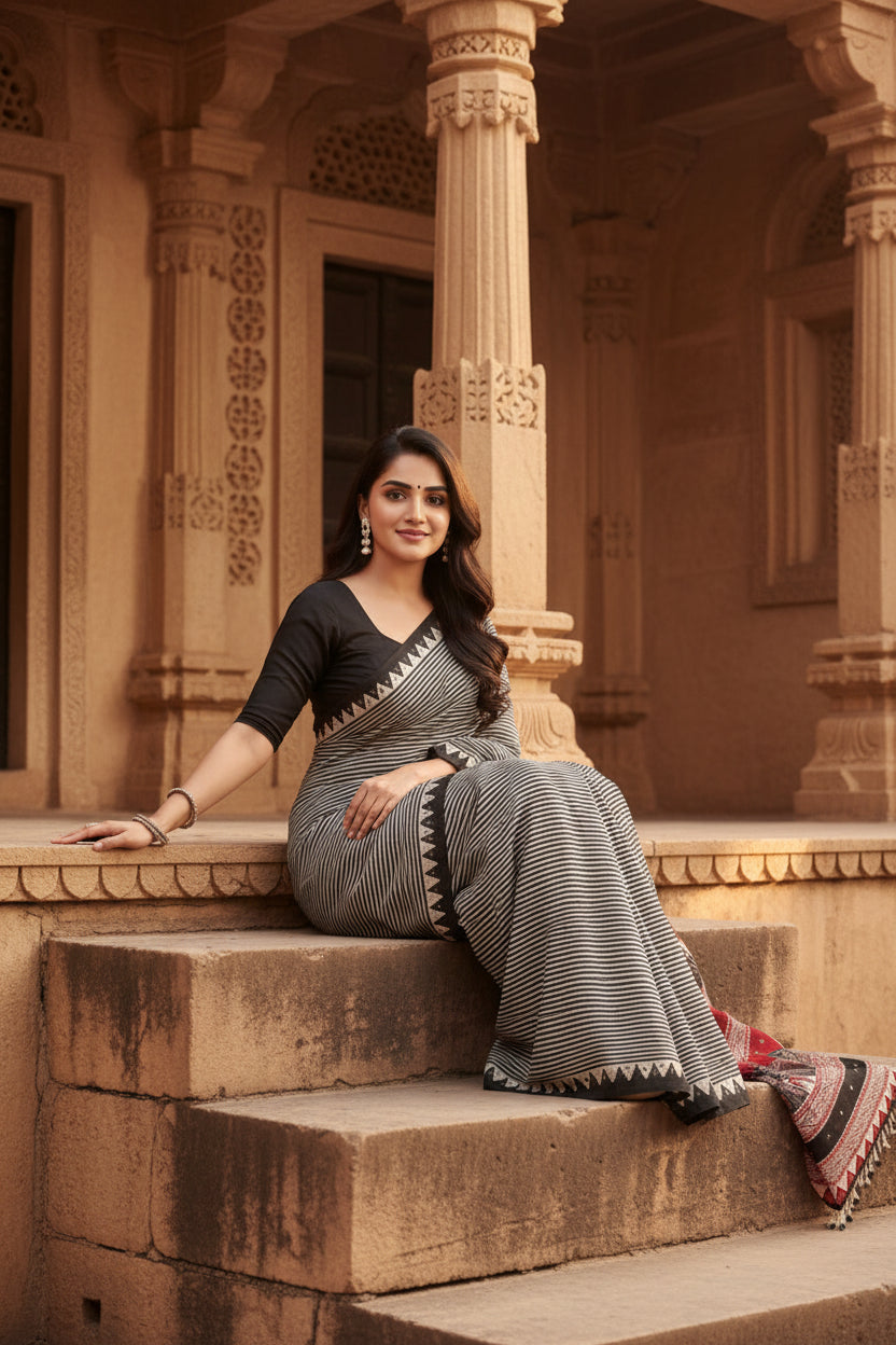 Soft Satin Ajarakh Printed Printed Silk With Unstitched Blouse(Grey)