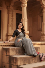 Load image into Gallery viewer, Soft Satin Ajarakh Printed Printed Silk With Unstitched Blouse(Grey)
