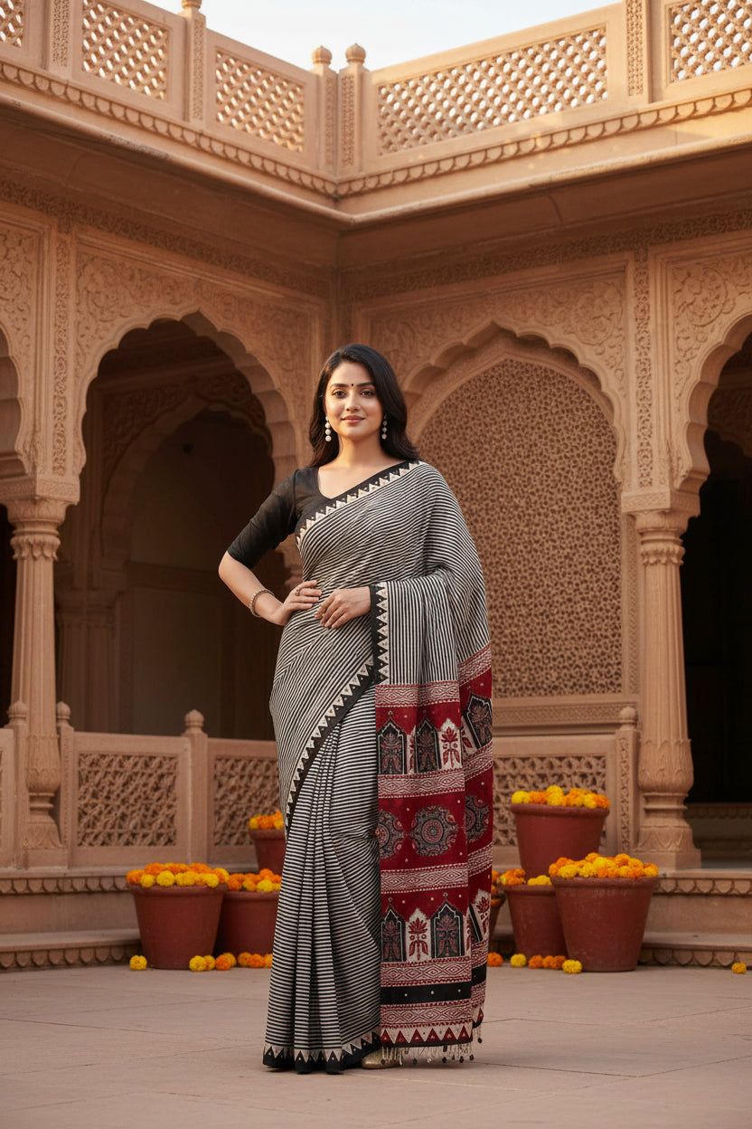 Soft Satin Ajarakh Printed Printed Silk With Unstitched Blouse(Grey)