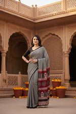 Load image into Gallery viewer, Soft Satin Ajarakh Printed Printed Silk With Unstitched Blouse(Grey)
