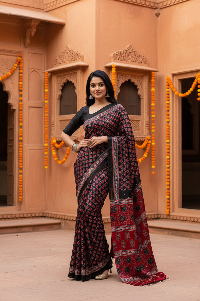 Soft Satin Ajarakh Printed Printed Silk With Unstitched Blouse(Black)