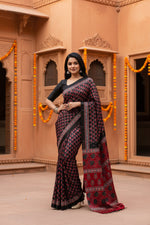 Load image into Gallery viewer, Soft Satin Ajarakh Printed Printed Silk With Unstitched Blouse(Black)
