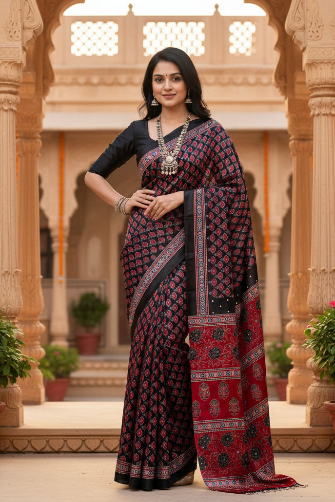 Soft Satin Ajarakh Printed Printed Silk With Unstitched Blouse(Black)