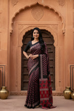 Load image into Gallery viewer, Soft Satin Ajarakh Printed Printed Silk With Unstitched Blouse(Black)
