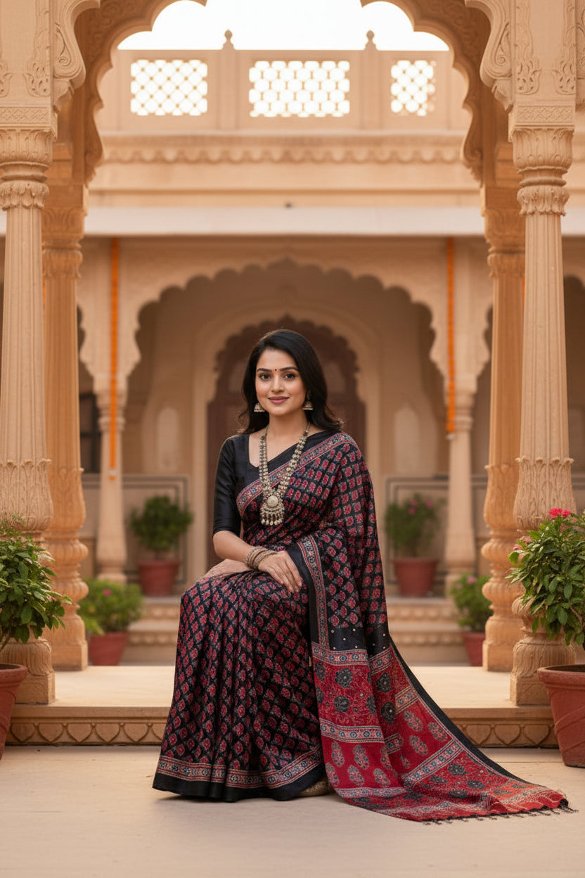 Soft Satin Ajarakh Printed Printed Silk With Unstitched Blouse(Black)