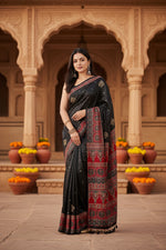 Load image into Gallery viewer, Soft Satin Ajarakh Printed Printed Silk With Unstitched Blouse(Black)
