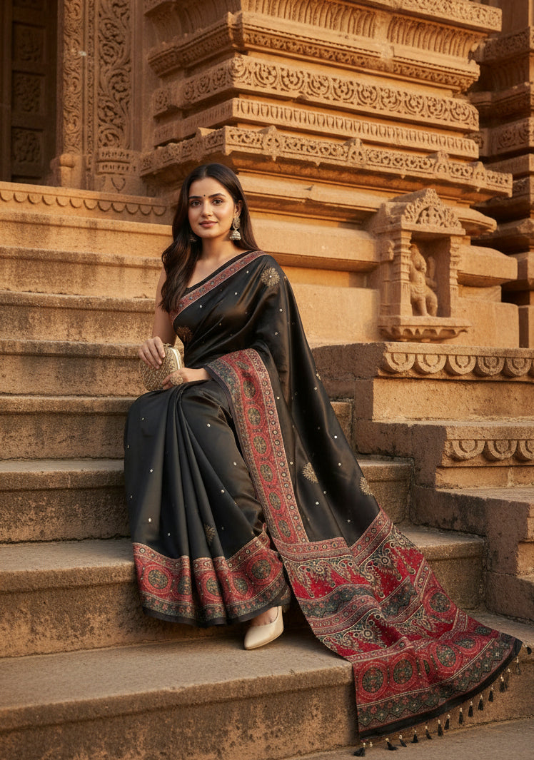 Soft Satin Ajarakh Printed Printed Silk With Unstitched Blouse(Black)