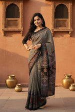 Load image into Gallery viewer, Soft Satin Ajarakh Printed Printed Silk With Unstitched Blouse(Grey)
