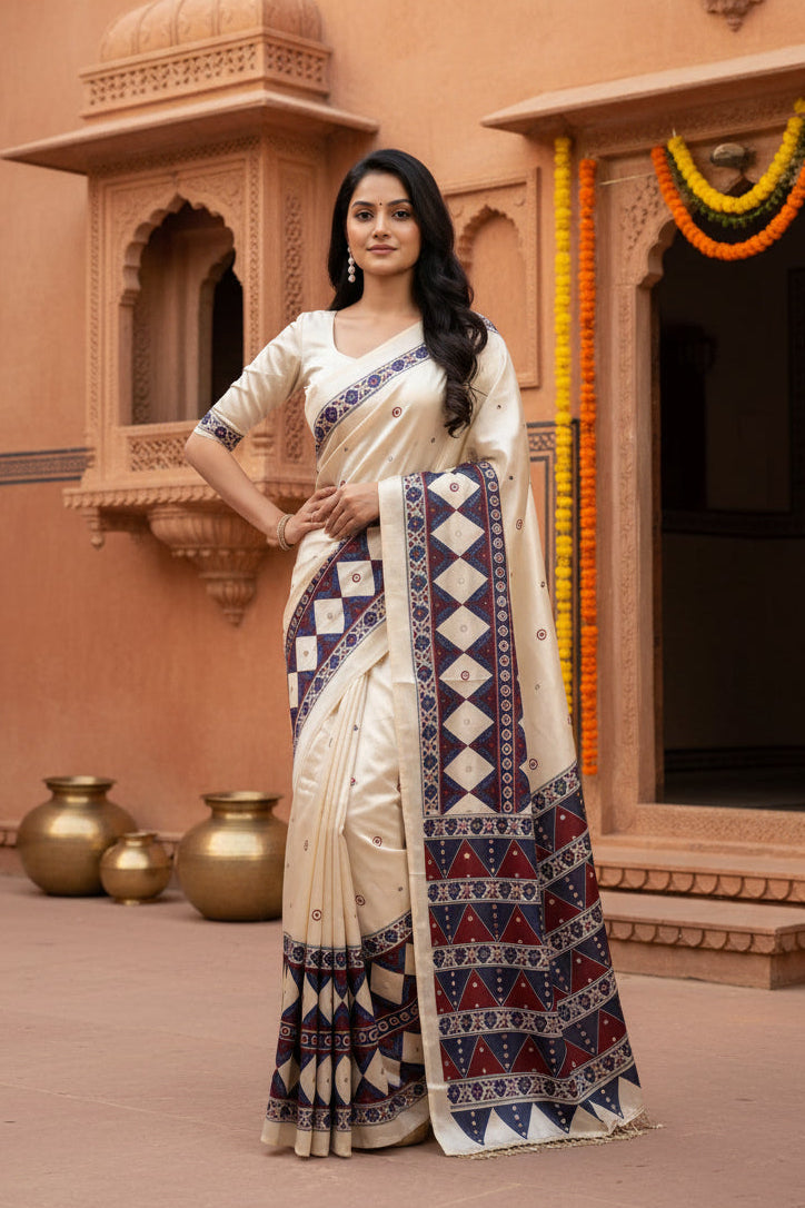 Soft Satin Ajarakh Printed Printed Silk With Unstitched Blouse(White)