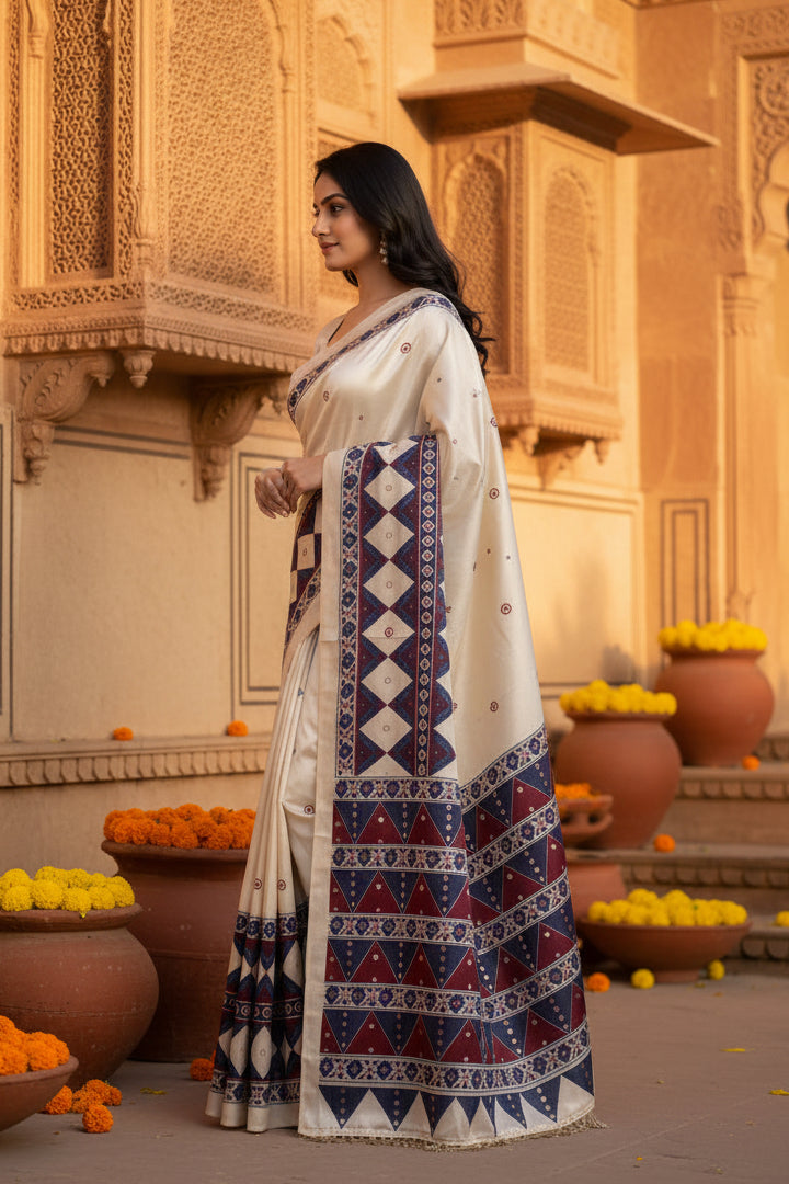 Soft Satin Ajarakh Printed Printed Silk With Unstitched Blouse(White)