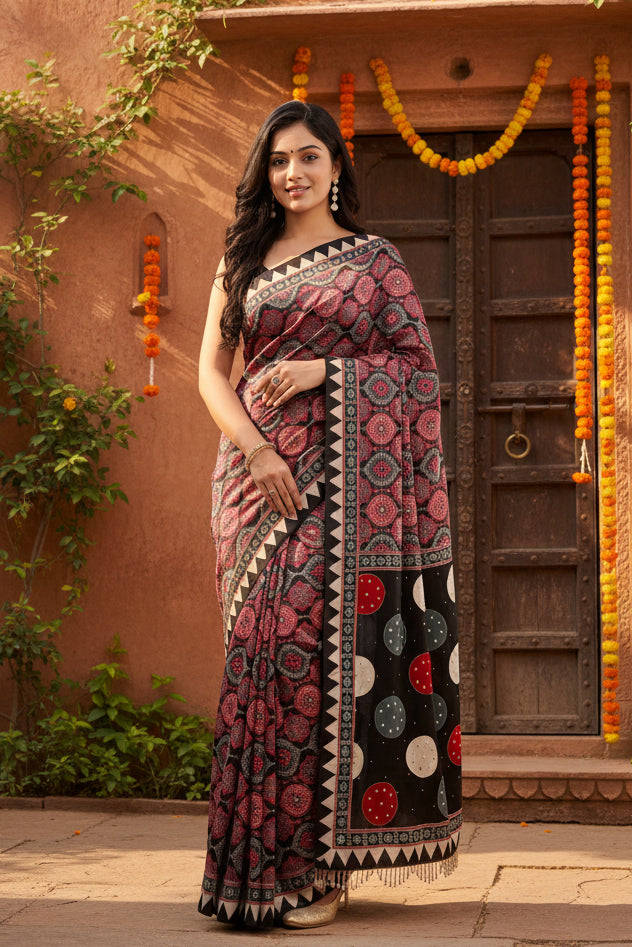Soft Satin Ajarakh Printed Printed Silk With Unstitched Blouse(Salmon)