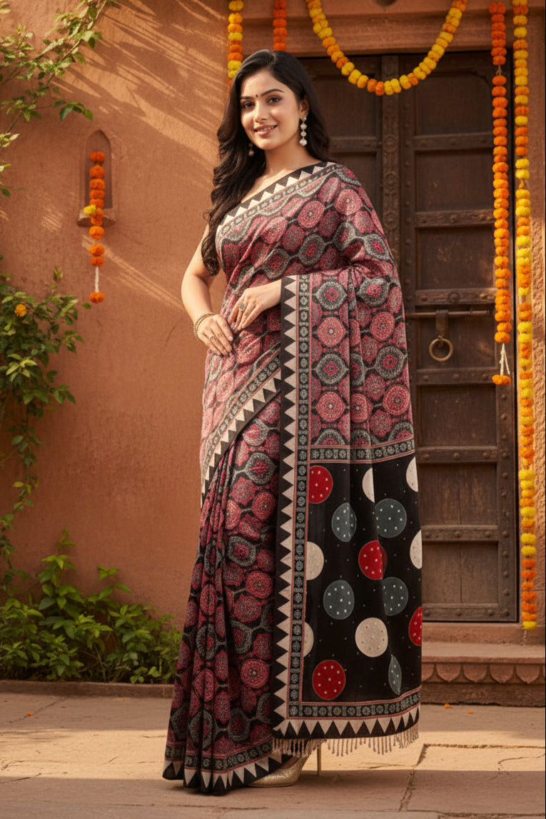 Soft Satin Ajarakh Printed Printed Silk With Unstitched Blouse(Salmon)