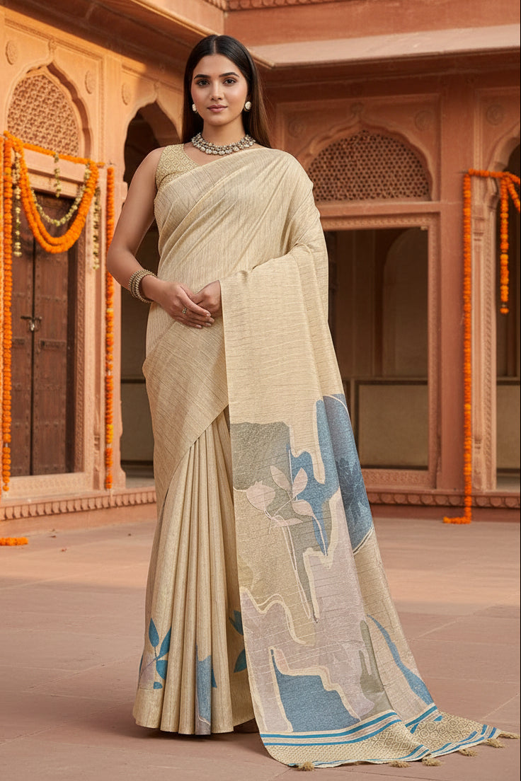 Silk Blend Jacquard Weaving Zari Border Saree With Unstitched Blouse(Off-White)