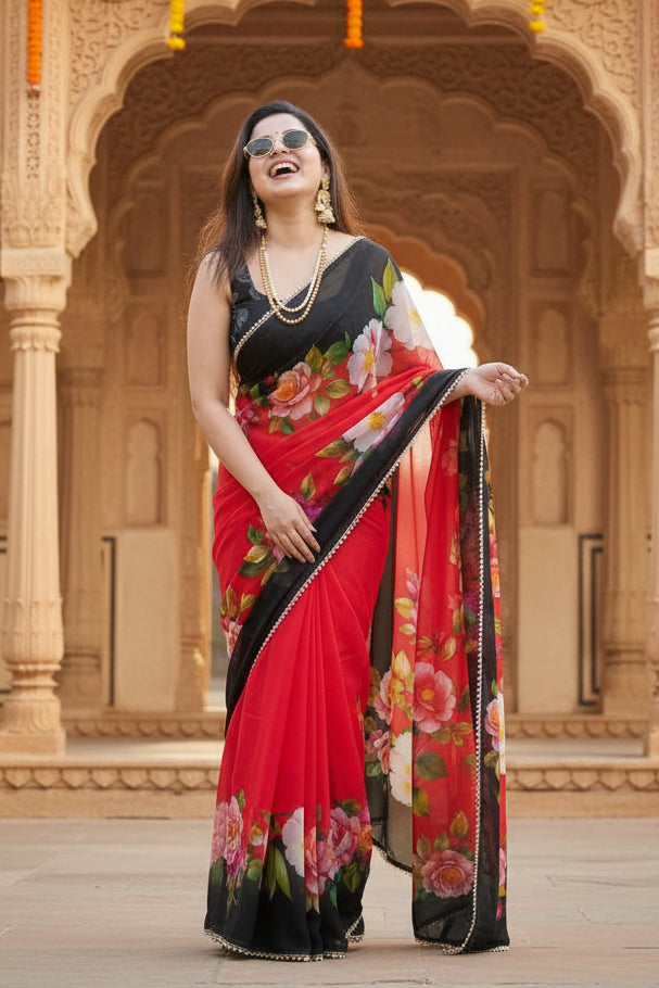 Georgette Digital Printed Saree With Unstitched Blouse(Red)