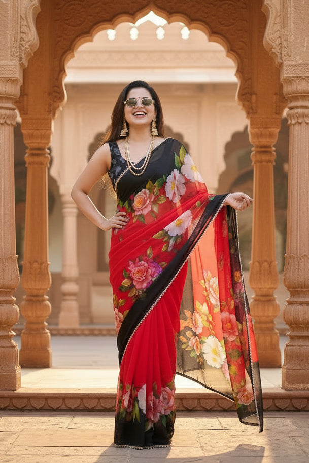 Georgette Digital Printed Saree With Unstitched Blouse(Red)