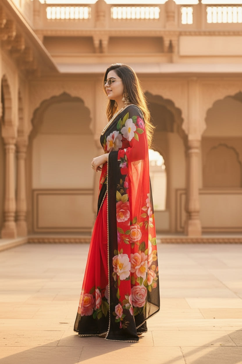 Georgette digital printed saree with unstitched blouse(red)